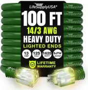 100ft Waterproof Heavy Duty Extension Cord - 14 Gauge, 3-Prong with Lighted End