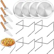 12 Pcs Pizza Pan Riser Stands Sets Includes 4 Metal Pizza Table Stands 4 Pizza Pan and 4 Wood Handle Pie Server, Pizza Rack Stand Pizza Tray for Pizza Dessert Cheese
