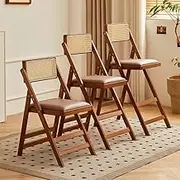Bamboo Folding Kitchen Chair Padded Dining Room Stool with Rattan Backrest Portable Foldable Breakfast Chair with Footrest for Indoor Outdoor(60cm/24in)