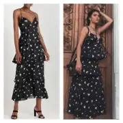 Bardot Revolve Dalia Black Floral Sleeveless Tiered Ruffle Midi Dress Womens 8