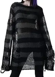 [JYLFP] Women's Loose Knitted Ripped Striped Casual Long Sleeve Knit Pullovers Sweaters Jumpers Tops