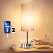 Bedside Lamp Touch Control Table Lamp with USB A+C Charging Ports 3-Way Dimmable Nightstand Lamp with Linen Fabric Shade for Bedroom Living (Silver Metal Base/Grey Shade)