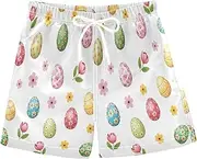 [RPLIFE] Kids Swimming Trunks, Anti Chafe Swim Trunks for Boys 2 T, Colorful Easter Eggs Flowers White