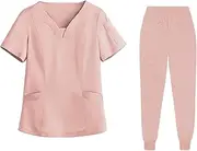 [ａ aternee] Female Scrub Set Scrub Top and Pants Short Sleeved Comfortable with Pockets Solid Color Esthetician Workwear Nurse Uniform