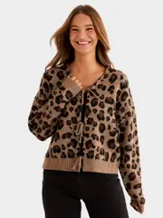 Womens Leopard Print Tie Front Knitted Cardigan