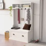 3in-1 Wood Entryway Bench Storage Bench Hall Tree Coat Rack with 4 Hooks White