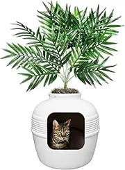 Good Pet Stuff Hidden Litter Box Base Kit, Round Enclosed Cat Planter Furniture with Fake Plant, Hooded Vented Carbon Filter System for Odor Control, Easy to Clean, Made in USA, White Birch