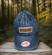 New Magellan Outdoors Hat Blue Denim Jean W/ Brown Leather Patch Ladies Fit Cap