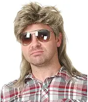 Men's Blonde Vokuhila 80s Mullet Wig Men's Long Synthetic Hair Cosplay Halloween Costume Party Tail