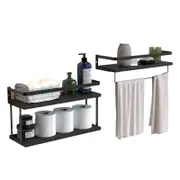 Catzon 2+1 Tier Floating Shelves with Towel Bar for Kitchen Bathroom-Black