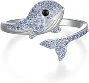 [TYSO] Whale Open Ring 925 Sterling Silver Whale Adjustable Ring Blue Beluga Whale Dolphin Rings Ocean Fish Beach Jewelry Gifts for Women Girl, Sterling Silver, Zircon