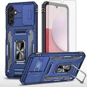 [Asuwish] Phone Case for Samsung Galaxy A25 5G with Tempered Glass Screen Protector and Slide Camera Cover Magnetic Ring Holder Stand Accessories Protective Slim A 25 25A SM-A256U Women Men Navy Blue