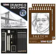 20 Piece Artist Drawing & Sketching Set with Pack of 2 5.5" x 8.5" Sketch Pads