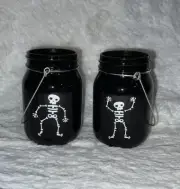 Halloween Lantern - Black Mason Jar with Skeleton and Handle- Set of Two - NEW