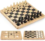 Reversible Board for Chess, Checkers & Tic-Tac-Toe - 24 Interlocking Checkers and 32 Standard Chess Pieces - for Family Fun