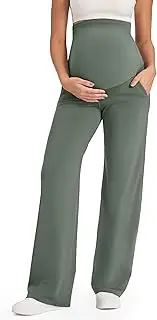 [G4Free] Maternity Activewear Over The Belly Straight Yoga Pants with Pockets Lightweight Maternity Pants (Gray Sage,M,32")