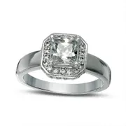 6.5mm Cushion-Cut Lab-Created White Sapphire and 0.25 CT. T.W. Diamond Octagonal Frame Engagement Ring in Solid 10K White Gold