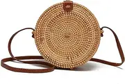 [Ahtine] Handwoven Round Rattan Bag for Women with Leather Strap Crossbody Straw Handbag (Tan)