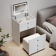 ELEGANT Dressing Table with Hidden Stool, Vanity Table with Mirror Lights and 4 Storage Drawers, Makeup Vanity for Girls Woman in Bedroom, Dress Room or Study Room