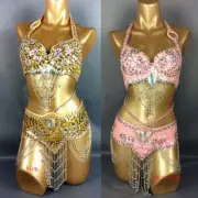 Luxury Women Belly Dance Costumes Set Crystal Beads Tassel Fringe Sequin Stage