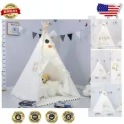 Portable Kids Teepee Tent - Foldable Cotton Canvas Tent with Pompoms & Carry Bag