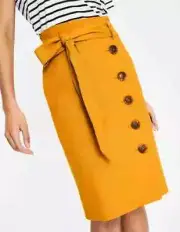 Boden Skirt Marigold Yellow Leonora Button Front Pencil Tie Waist Linen 2 NWT