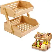 Bamboo Fruit Basket, 2-Tier Fruit Stand, Wooden Fruit Stand, Bamboo Fruit Basket, 2 Levels, Removable Fruit Stand, Fruit Bowl Holder for Counter for Vegetables, Bread, Snack