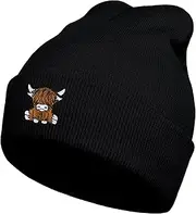 [gswirmchsq] Scottish Highland Cow Beanie Hat Black, Cute Funny Cow Embroidery Winter Knit Skull Cap for Adult Men Women