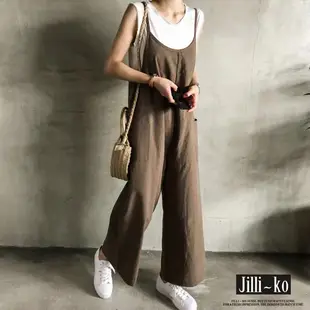 JILLI-KO 韓系復古百搭休閒吊帶寬鬆闊腿連體褲- 黑/咖啡