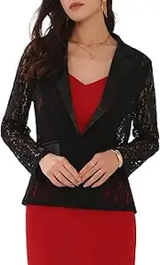 [WOMLAYOUT] Women's Floral Lace Blazer Mesh Lapel Collar One Button Dressy Casual Blazers