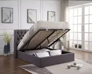 Bologna Premium Fabric Queen Bed Frame Grey Gaslift