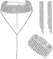 [Hicarer] 3 Pieces Women Rhinestone Jewelry Set Rhinestone Tassel Choker Necklace Fringe Bracelet Crystal Dangling Earring for Wedding Bridal Party