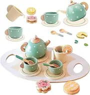 Wooden Tea Party Toys for Little Girls, Montessori Tea Time Pretend Play Toy for Kids Kitchen Sets Wooden Toys for 3 4 5 Year Old Girl Birthday Gift