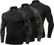 [Lanbaosi] 3 Pack Mens Mock Turtleneck Compression Shirts Long Sleeve Sun Protection Shirts Cooling Workout Gym Tops Undershirt, Black Line+camo Black+camo Green, Large