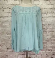 She & Sky Womens L Aqua Blue Lace Up Crochet Boho Peasant Blouse Bell Sleeve NEW
