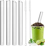 Pack of 4 Reusable Glass Boba Straws, 14mm Extra Wide Glass Straw, Clear Bubble Tea Straw, Thick Smoothie Straws Slush Straws, Jumbo Straws with 2 Cleaning Brush (2 Straight&2 Slanted Cut)