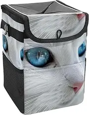 Car Trash Can with Lid and Storage Pockets Leak-Proof Organizer,Waterproof Garbage Can,Cat with Blue Eyes