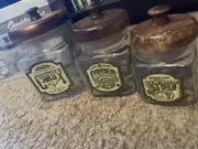 VTG GLASS CANDY, GOODIES, & STUFF CANISTER JAR SET WOOD LID APOTHECARY SJL PROD.