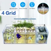 4 Grid Acrylic Fish Tank Fighter Betta Fighting Fish LED Light w/ USB Water Pump