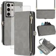 [Asuwish] Mobile Phone Case for Samsung Galaxy S24 Ultra 5G Case with Strap and Film Screen Protector RFID Card Slot Foldable Leather Flowers Wallet Stand S24Ultra 24S S 24 24Ultra Wallet Cases Phone
