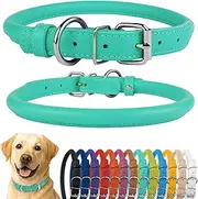 CollarDirect Rolled Leather Dog Collar, Soft Padded Round Puppy Collar, Handmade Genuine Leather Collar Dog Small Large Cat Collars Black Pink Red Purple Blue (Fits 19"-21" Neck, Mint Green)