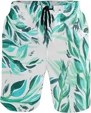 [GuoChe] Men's Novelty Beach Shorts Teal Green Plant Leaves Quick Dry Swimwear Hot Summer Swim Trunks Bathing Suits Mesh Lining
