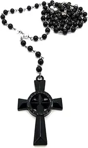 [Fashion 21] Jet Black-Tone Veritas Aequitas Cross Glass Bead Rosary 30 Necklace XC313BP-BK
