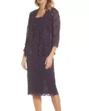ALEX EVENINGS 16P Eggplant Sequin Lace Dress & Jacket NWT $209