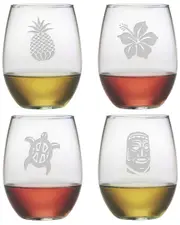 Susquehanna Glass Set of 4 Hawaiian Icons Assortment Stemless Wine Glasses