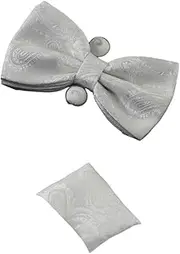[Zasel] Mens White Paisley Matching Bow Tie, Pocket Square & Cuff Links Set