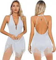 [iEFiEL] Women's Ballroom Dancing Costume Fringed Leotard Sequins Tassel Salsa Latin Dance Dress