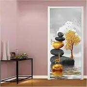 Door Stickers PVC Self Adhesive 3D Door Sticker Mural Artistic Stone Golden Tree Elk Wall Sticker Living Room Home Decor Poster (Size : 95x215cm)
