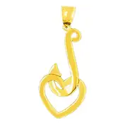 14K Gold Fishing Hook with A Floating Heart Pendant