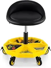 [Costway] Rolling Garage Stool, 50-64 cm Height Adjustable Rolling Mechanic Stool w/Tool Tray Storage, 5-Wheel Pneumatic Creeper Seat for Garage, Repair Shop, 160 kg Max Load